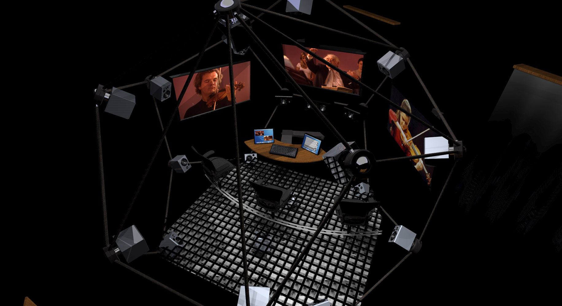 Vista ad angolo alto della sala Replay Environments, che mostra la struttura circolare degli altoparlanti e l'area di ascolto centrale